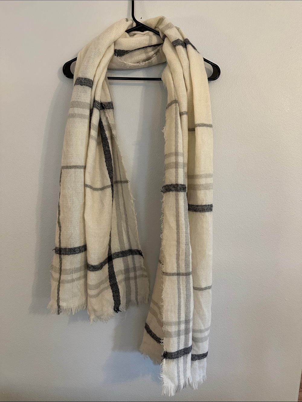 Old Navy Cream and Gray Plaid Fringe Wrap Scarf or Shawl